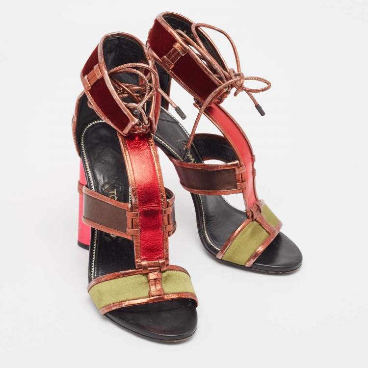Pre Owned Tom Ford Multicolor  Leather and Denim Patchwork Ankle Strap Sandals Size 36.5