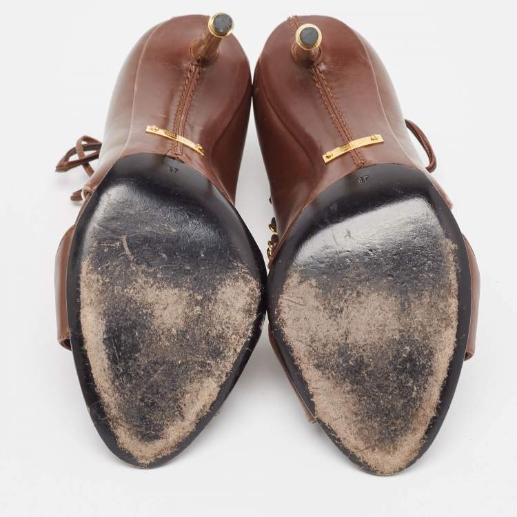 Pre Owned Tom Ford Brown Leather Lace Up Booties Size 37