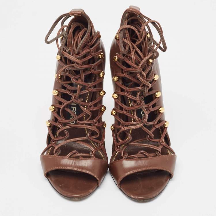 Pre Owned Tom Ford Brown Leather Lace Up Booties Size 37