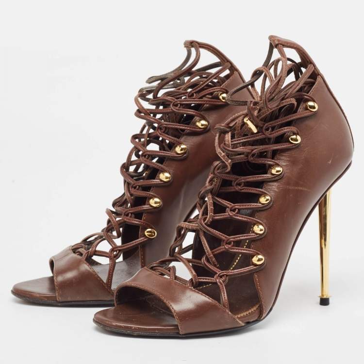 Pre Owned Tom Ford Brown Leather Lace Up Booties Size 37