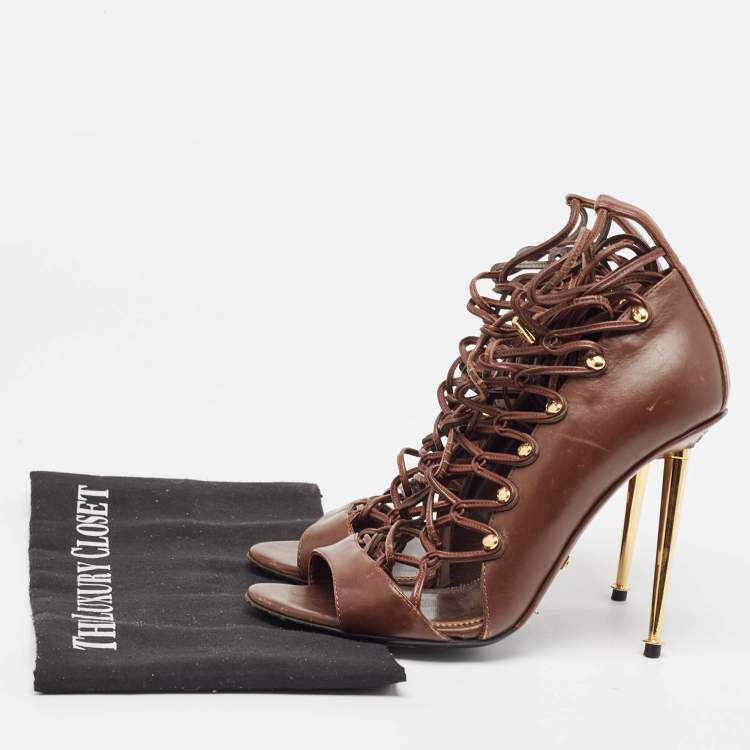 Pre Owned Tom Ford Brown Leather Lace Up Booties Size 37