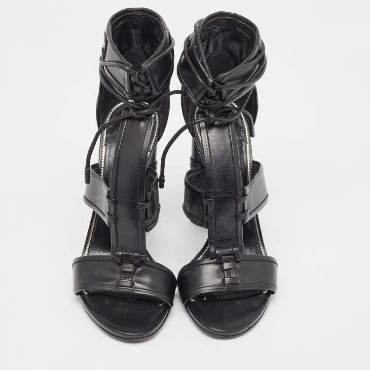 Pre Owned Tom Ford Black Paneled Leather Patchwork Ankle Strap Sandals Size 36.5