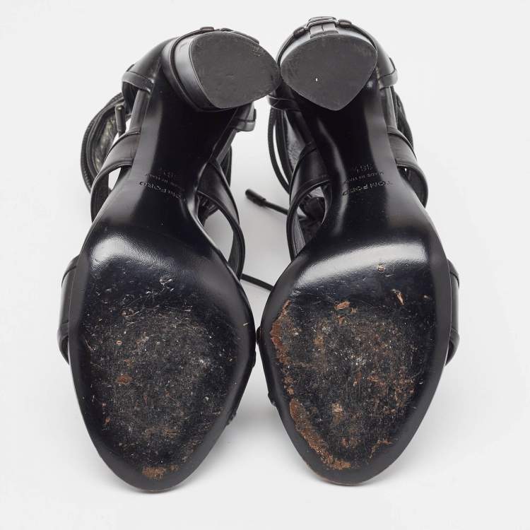 Pre Owned Tom Ford Black Paneled Leather Patchwork Ankle Strap Sandals Size 36.5