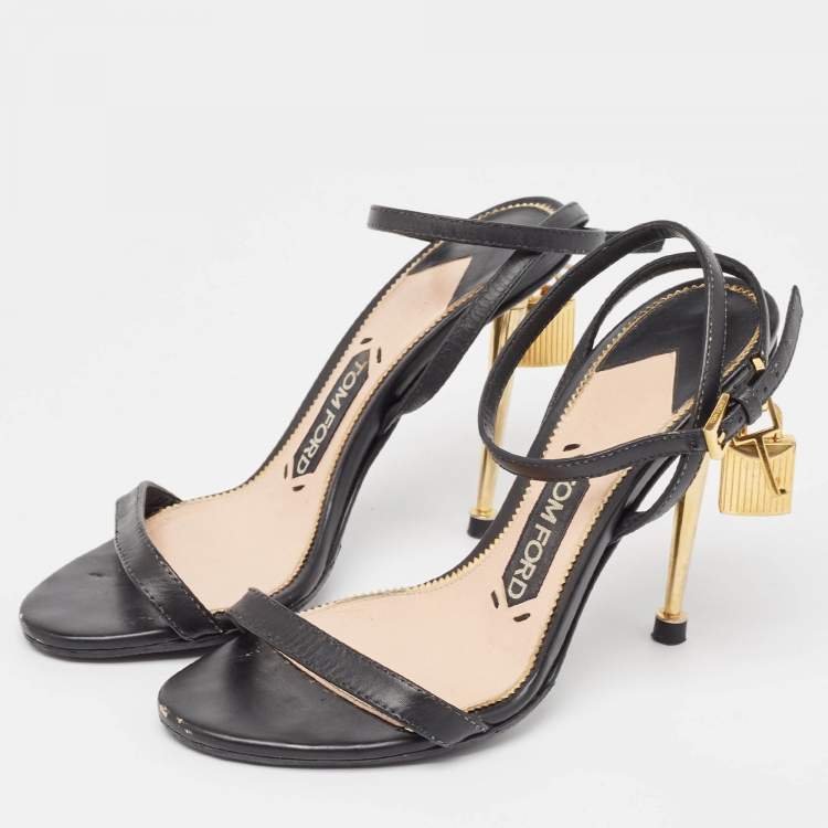 Pre Owned Tom Ford Black Leather Padlock Ankle Wrap Sandals Size 35