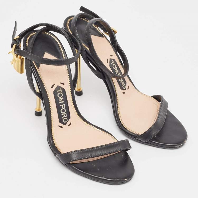 Pre Owned Tom Ford Black Leather Padlock Ankle Wrap Sandals Size 35