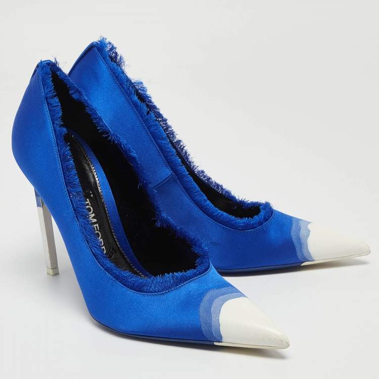 Pre Owned Tom Ford Blue/White Fringed Satin Pointed Toe Pumps Size 39.5