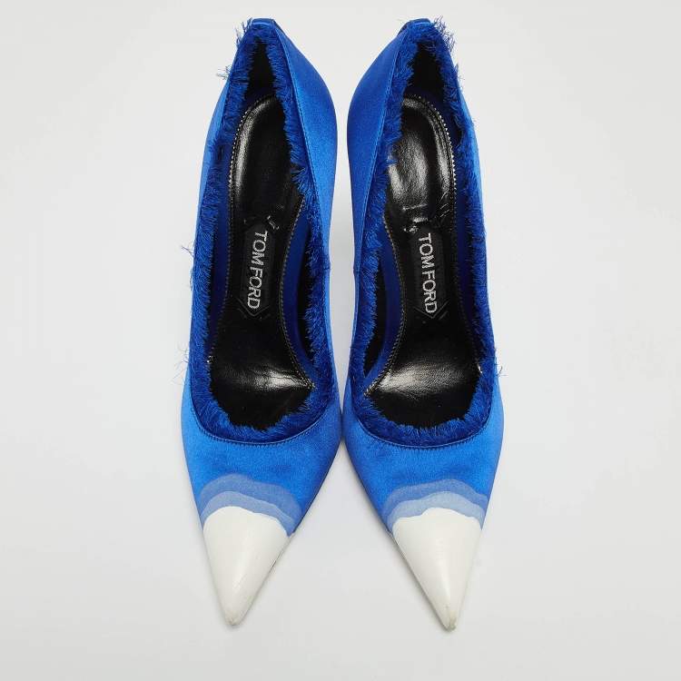 Pre Owned Tom Ford Blue/White Fringed Satin Pointed Toe Pumps Size 39.5
