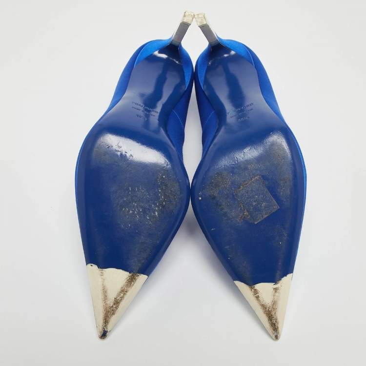 Pre Owned Tom Ford Blue/White Fringed Satin Pointed Toe Pumps Size 39.5