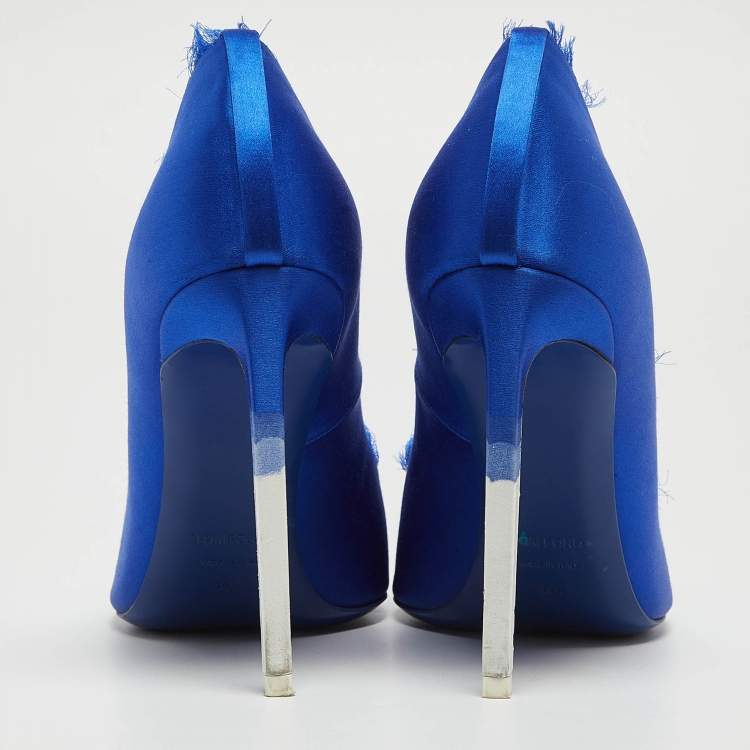 Pre Owned Tom Ford Blue/White Fringed Satin Pointed Toe Pumps Size 39.5