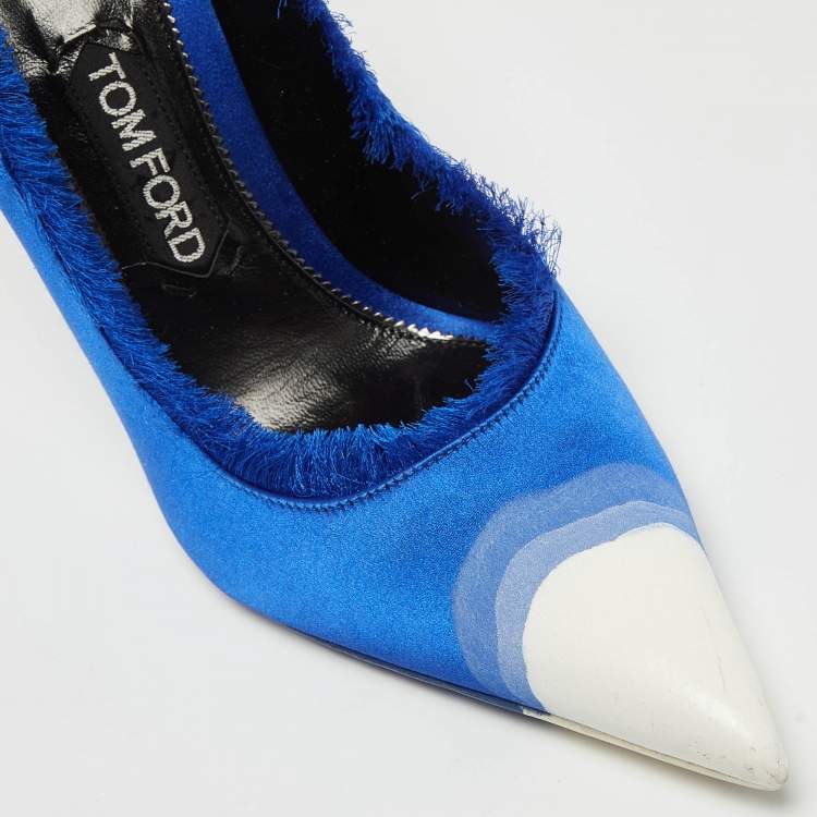 Pre Owned Tom Ford Blue/White Fringed Satin Pointed Toe Pumps Size 39.5
