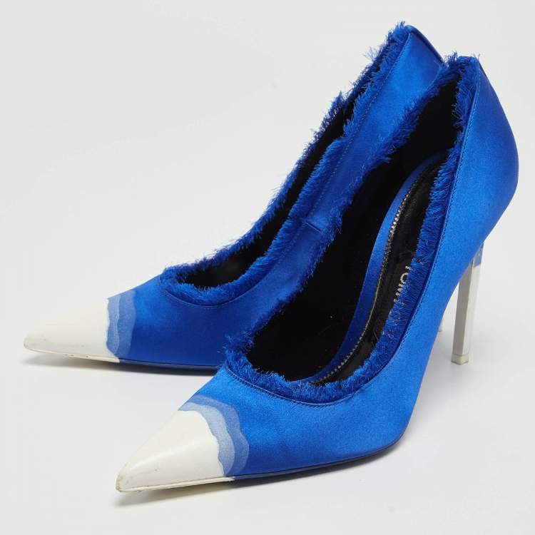 Pre Owned Tom Ford Blue/White Fringed Satin Pointed Toe Pumps Size 39.5