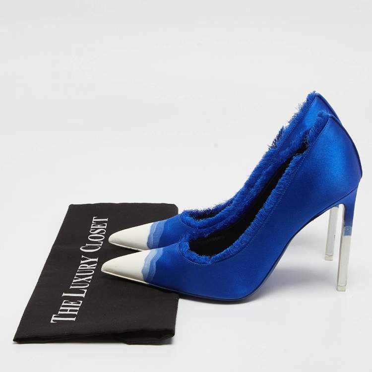 Pre Owned Tom Ford Blue/White Fringed Satin Pointed Toe Pumps Size 39.5