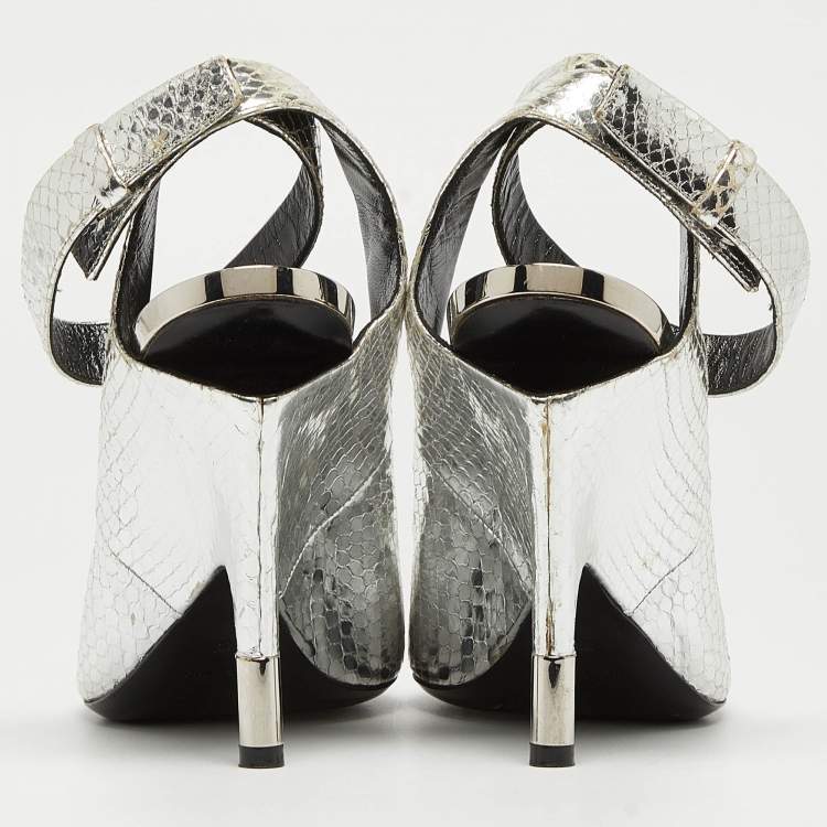Pre Owned Tom Ford Silver Python Embossed Leather Ankle Strap Pumps Size 38