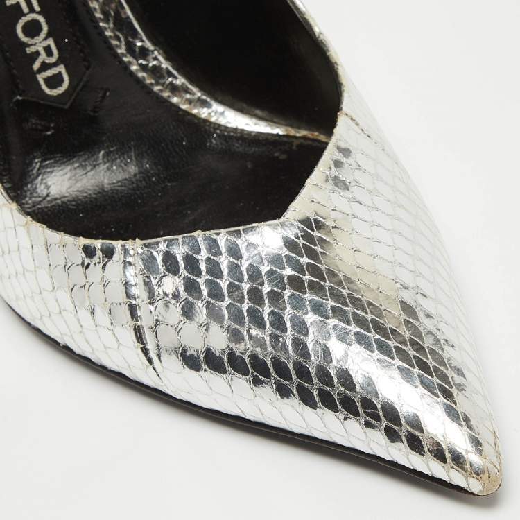 Pre Owned Tom Ford Silver Python Embossed Leather Ankle Strap Pumps Size 38