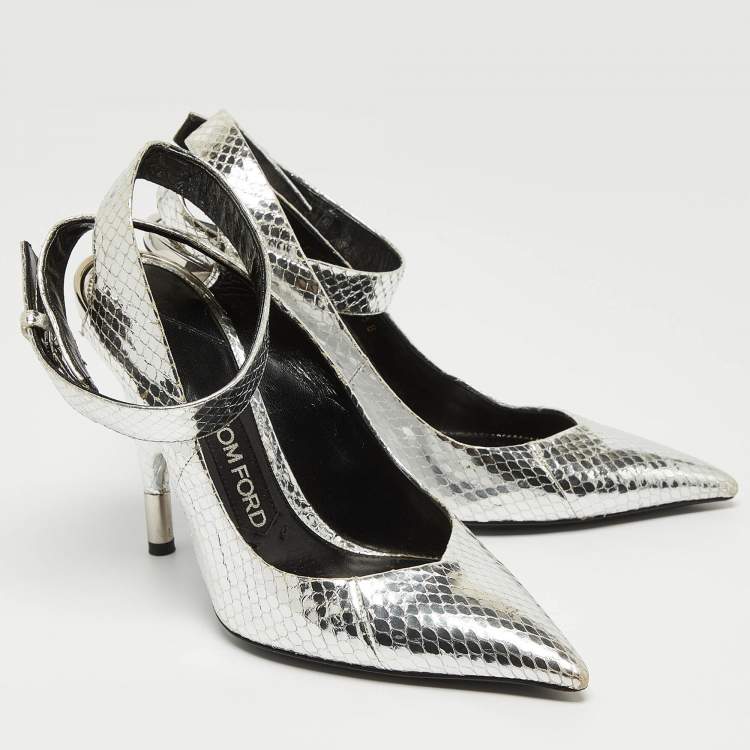 Pre Owned Tom Ford Silver Python Embossed Leather Ankle Strap Pumps Size 38