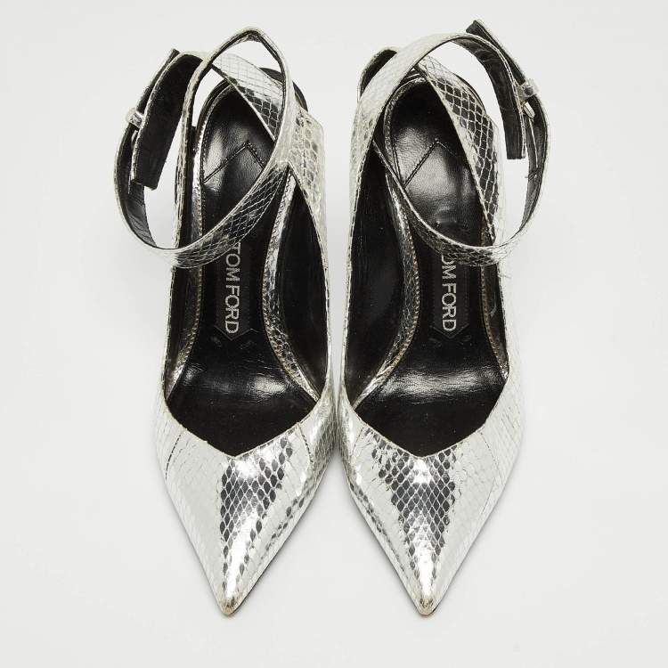Pre Owned Tom Ford Silver Python Embossed Leather Ankle Strap Pumps Size 38