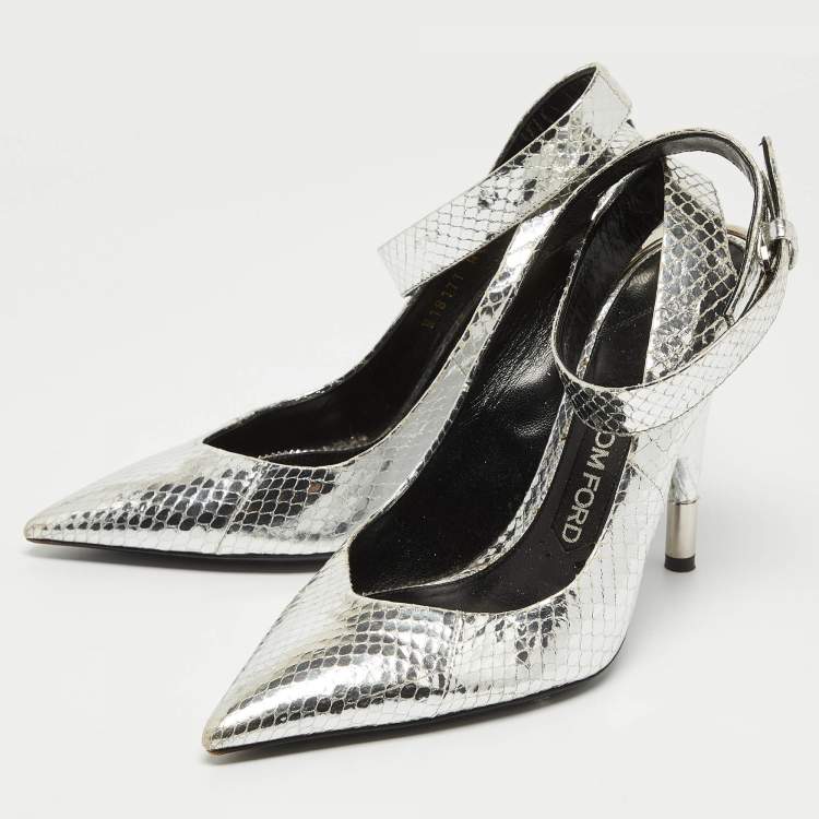 Pre Owned Tom Ford Silver Python Embossed Leather Ankle Strap Pumps Size 38