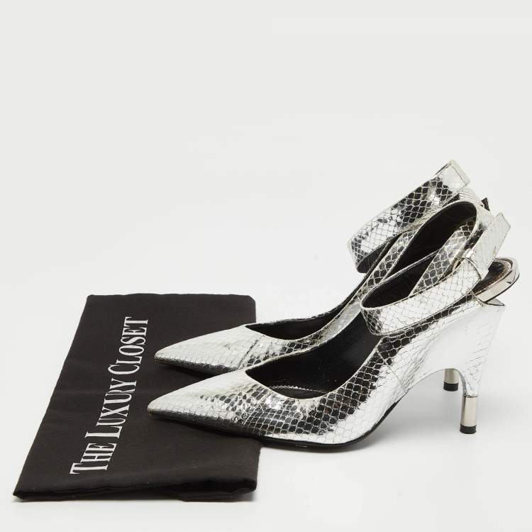 Pre Owned Tom Ford Silver Python Embossed Leather Ankle Strap Pumps Size 38
