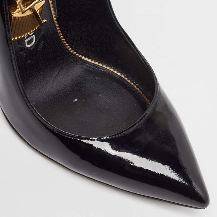 Pre Owned Tom Ford Black Patent Leather Padlock Ankle Wrap Pumps Size 38
