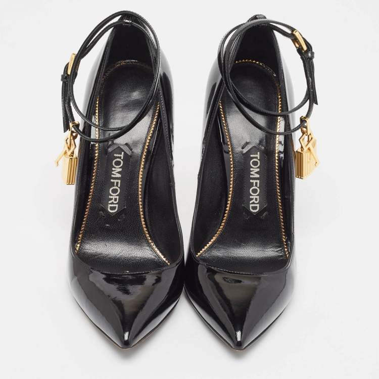 Pre Owned Tom Ford Black Patent Leather Padlock Ankle Wrap Pumps Size 38