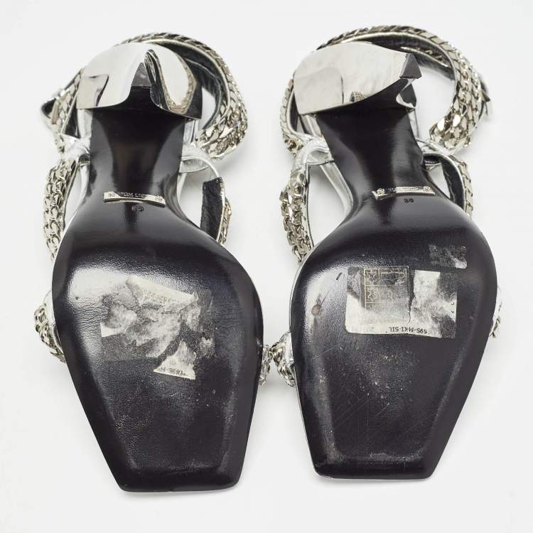 Pre Owned Tom Ford Metallic Silver Leather Chain Embellished Ankle Strap Sandals Size 39