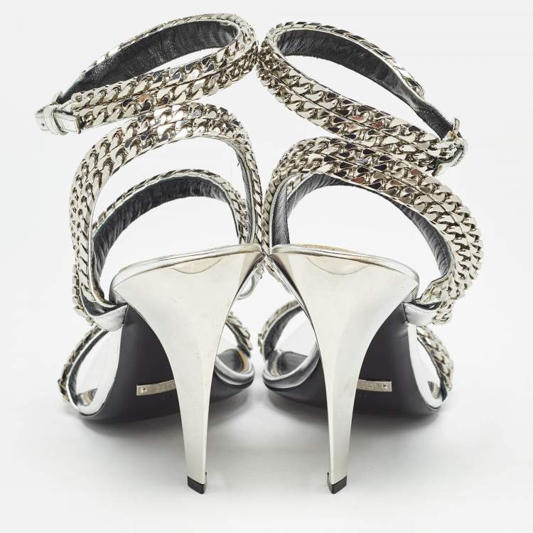 Pre Owned Tom Ford Metallic Silver Leather Chain Embellished Ankle Strap Sandals Size 39