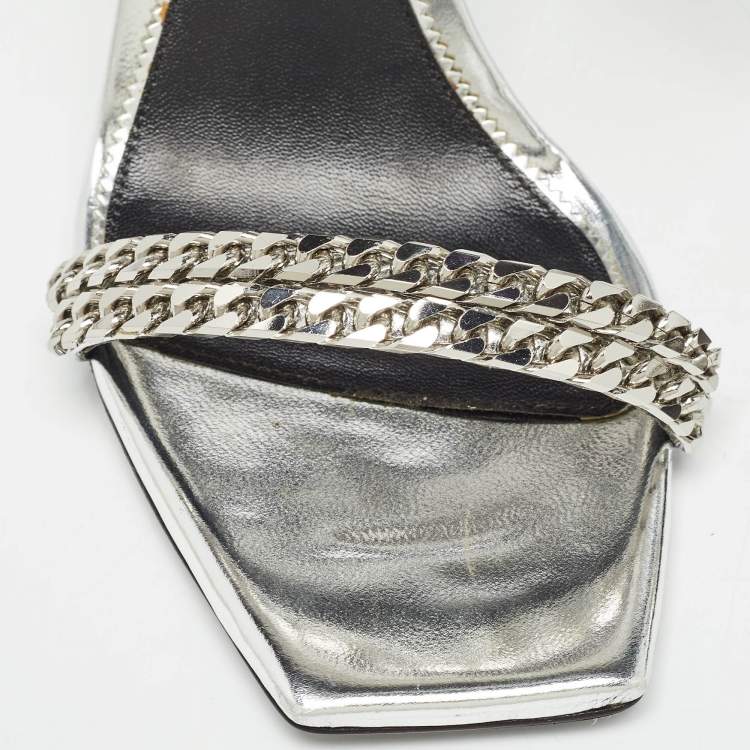 Pre Owned Tom Ford Metallic Silver Leather Chain Embellished Ankle Strap Sandals Size 39