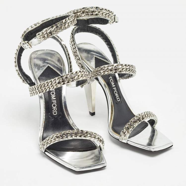 Pre Owned Tom Ford Metallic Silver Leather Chain Embellished Ankle Strap Sandals Size 39