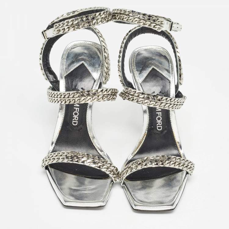 Pre Owned Tom Ford Metallic Silver Leather Chain Embellished Ankle Strap Sandals Size 39