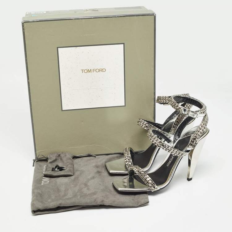 Pre Owned Tom Ford Metallic Silver Leather Chain Embellished Ankle Strap Sandals Size 39