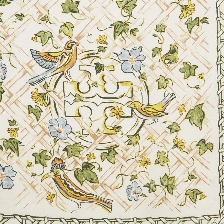 Pre Owned Tory Burch Cream Painted Caning with Birds Silk Neckerchief