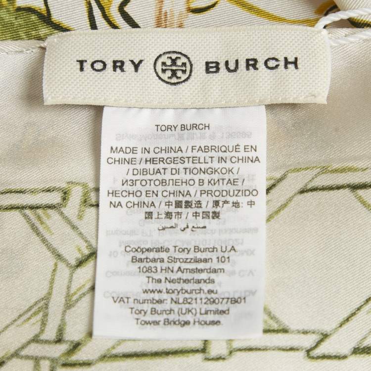 Pre Owned Tory Burch Cream Painted Caning with Birds Silk Neckerchief