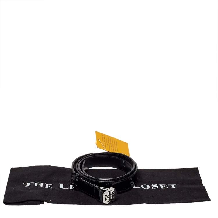 Pre Owned Tory Burch Black Patent Leather Reva Logo Narrow Belt 95CM