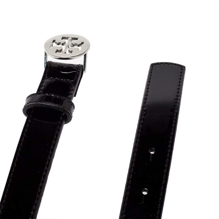 Pre Owned Tory Burch Black Patent Leather Reva Logo Narrow Belt 95CM