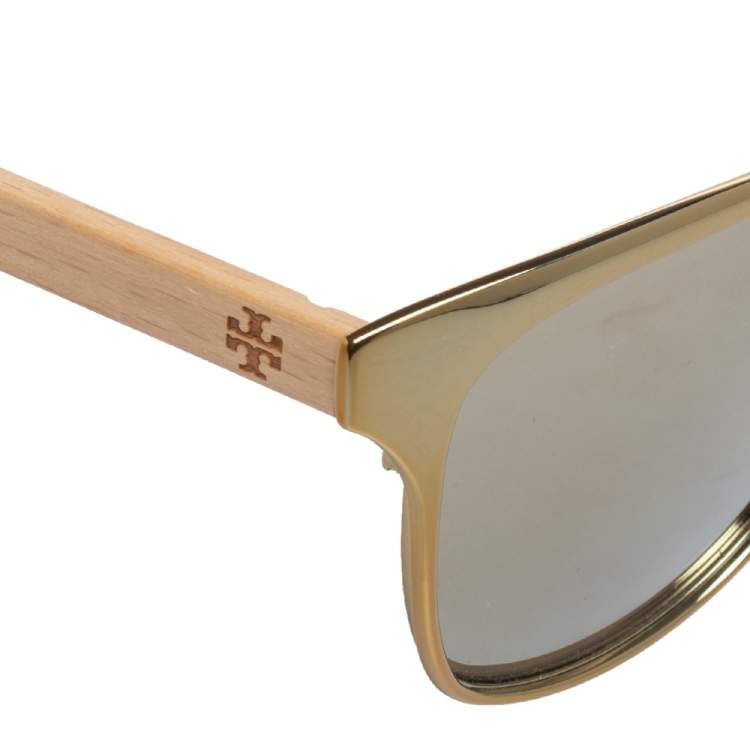 Pre Owned Tory Burch Gold Tone/White TY6041 Mirrored Wayfarer Sunglasses