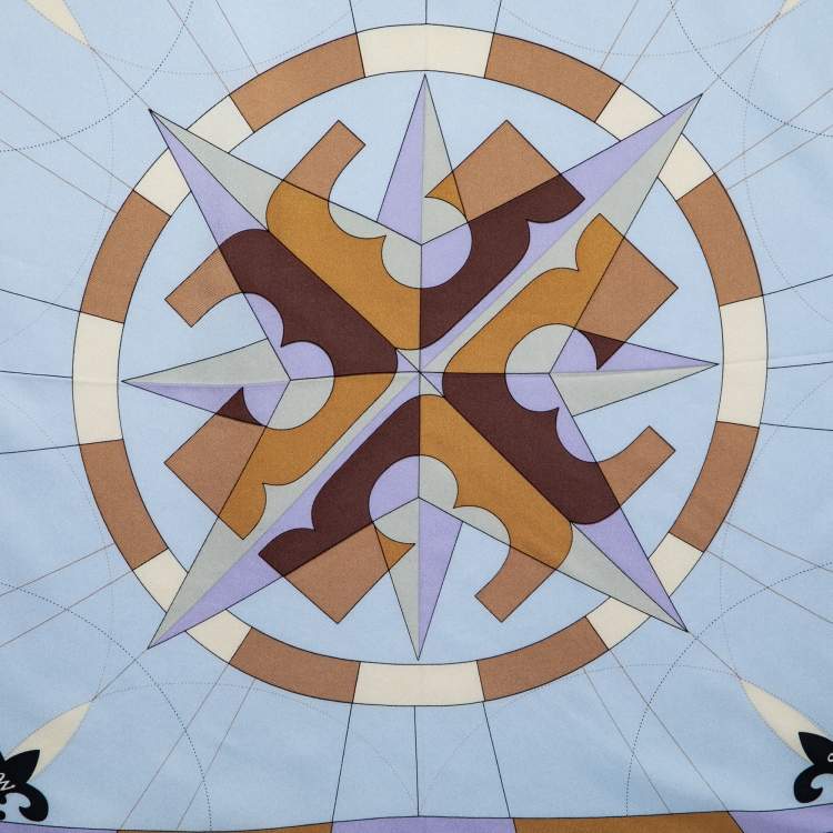 Pre Owned Tory Burch Blue Compass Logo Print Silk Square Scarf