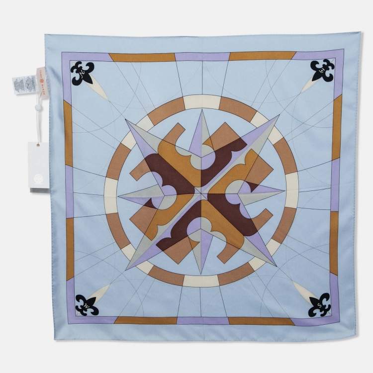 Pre Owned Tory Burch Blue Compass Logo Print Silk Square Scarf