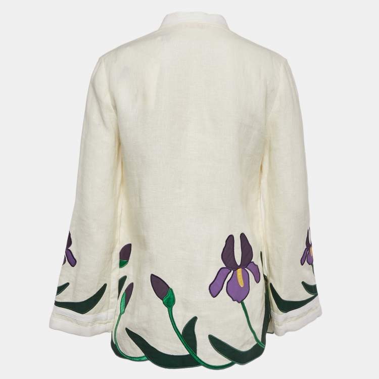 Pre Owned Tory Burch Off-White Iris Embroidered Linen Tory Tunic S