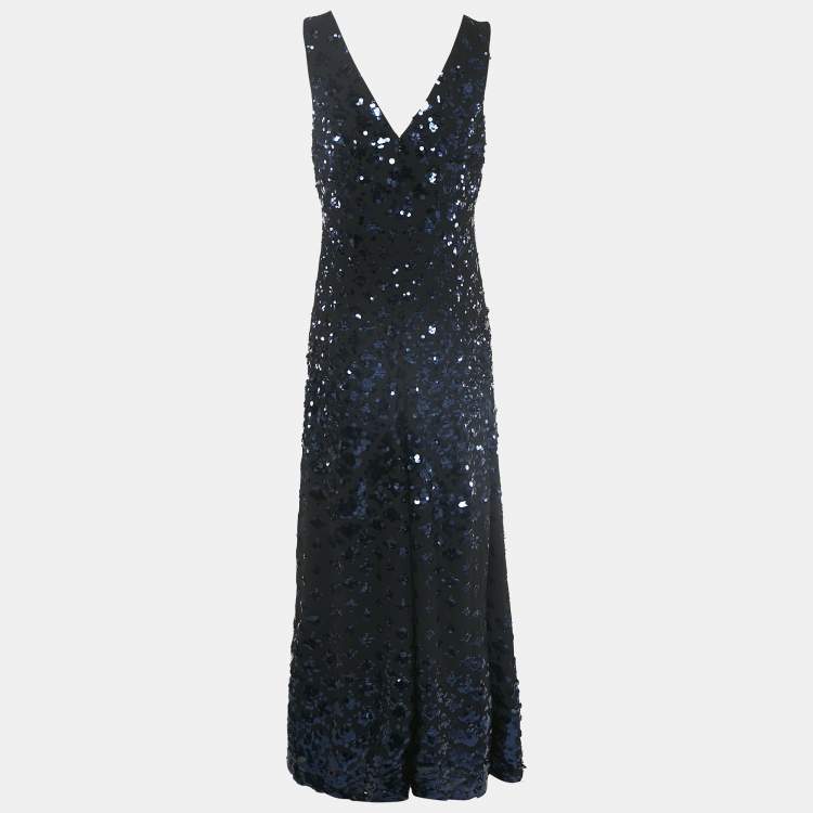 Pre Owned Tory Burch Black Sequin Embellished Crepe Sleeveless Maxi Dress M