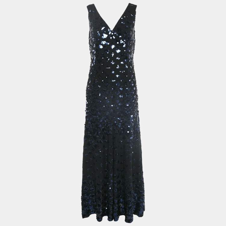 Pre Owned Tory Burch Black Sequin Embellished Crepe Sleeveless Maxi Dress M