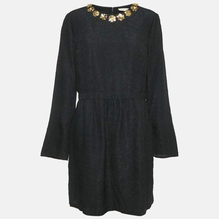 Pre Owned Tory Burch Black Floral Embossed Silk Blend Embellished Short Dress XL