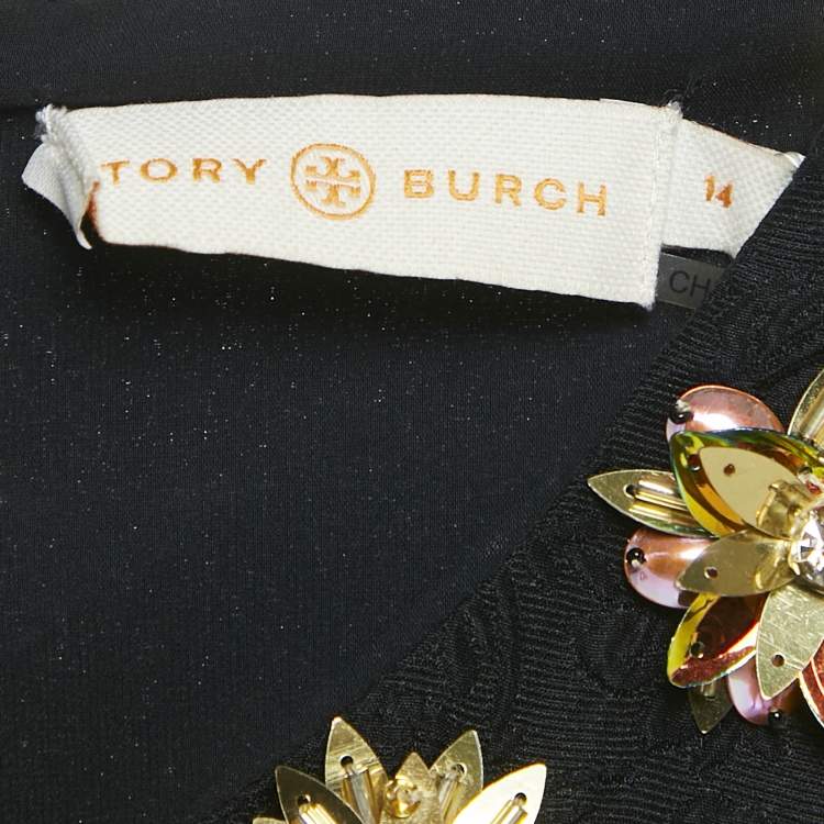 Pre Owned Tory Burch Black Floral Embossed Silk Blend Embellished Short Dress XL