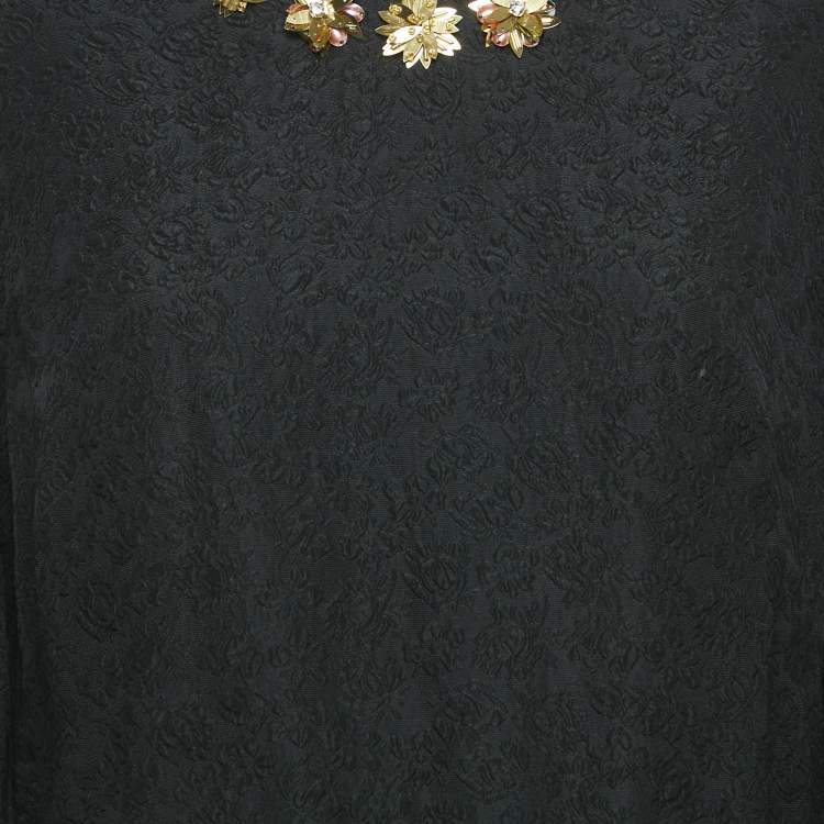 Pre Owned Tory Burch Black Floral Embossed Silk Blend Embellished Short Dress XL
