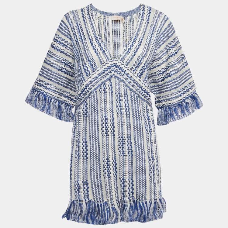 Pre Owned Tory Burch White /Blue Striped Linen Blend Tunic Top XL