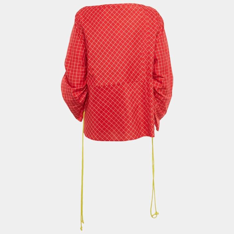 Pre Owned تونيك توري برش حرير أحمر بنقشة مربعات مقاس كبير جدًا