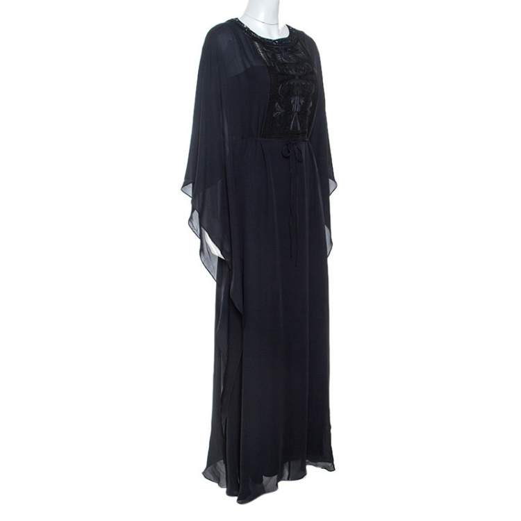 Pre Owned Tory Burch Navy Blue Silk Embroidered Detail Kaftan S