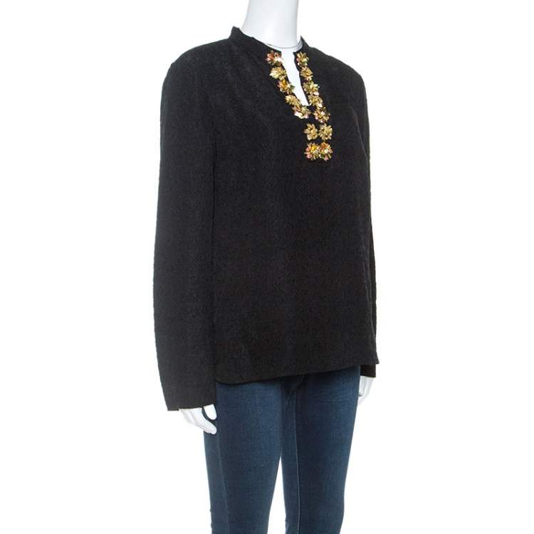 Pre Owned Tory Burch Black Embossed Silk Embellished Tunic Top M 