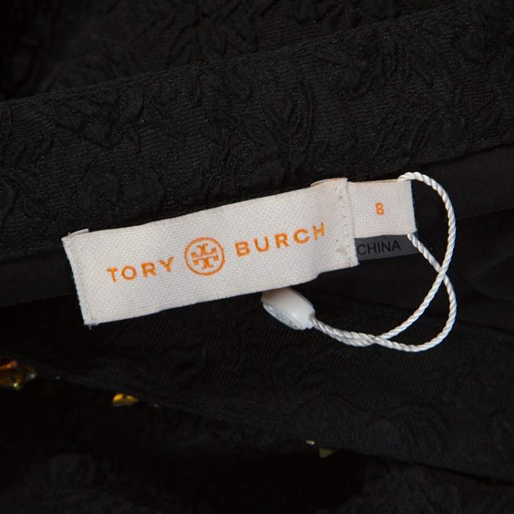 Pre Owned Tory Burch Black Embossed Silk Embellished Tunic Top M 