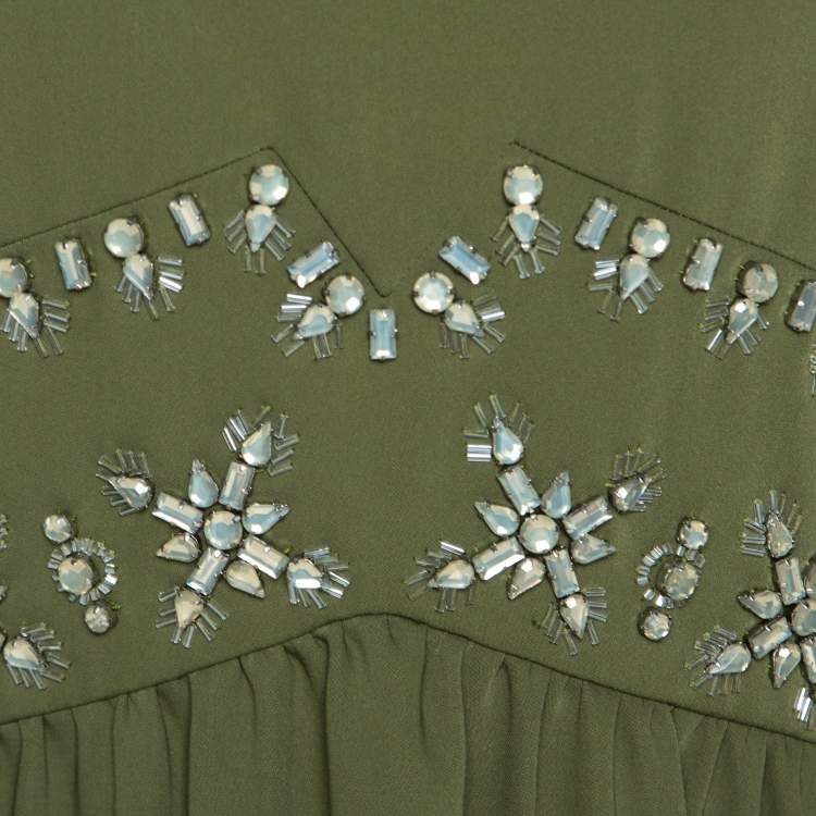 Pre Owned Tory Burch Green Crepe Embellished Luisa Sleeveless Gown M