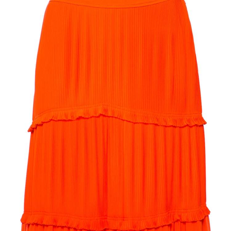 Pre Owned Tory Burch Spicy Orange Crepe Pleated Stella Maxi Skirt S